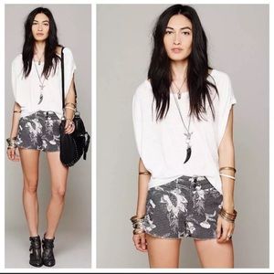 Free People Double Weave, Cotton, Gray & Cream, Floral, Cut Off Shorts